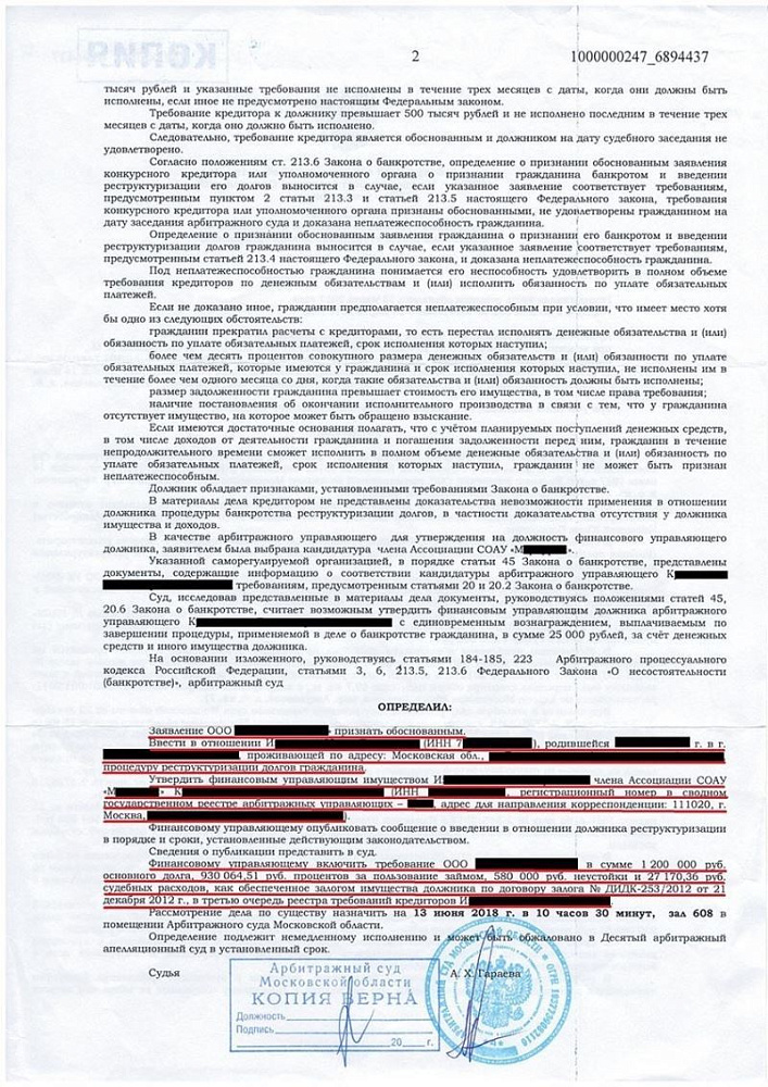 Физическое лицо признано банкротом, назначен финансовый управляющий